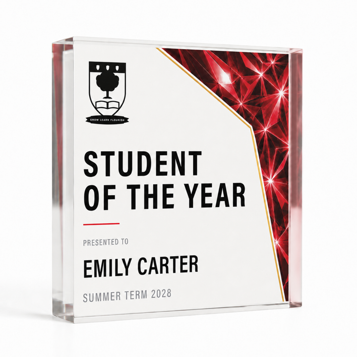 Large square 15 x 15cm Student of the Year achievement award in red prism design with school crest