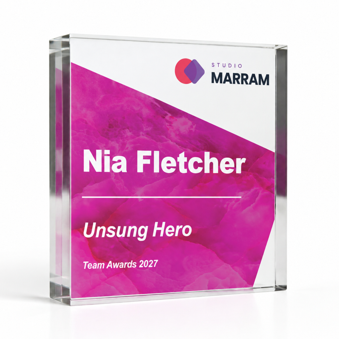 Large square 15 x 15cm pink Unsung Hero team award, personalised acrylic staff recognition trophy