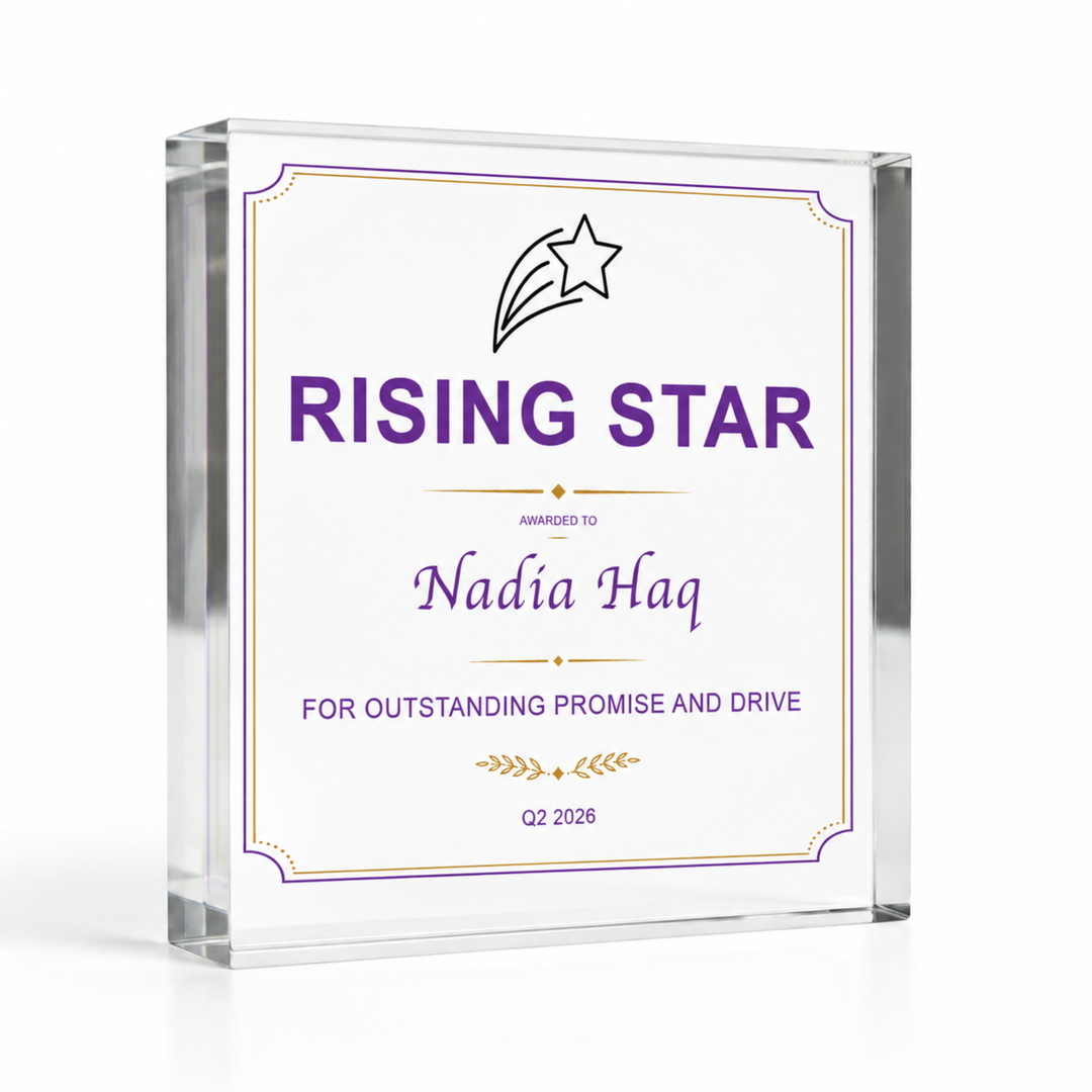 Small square 10 x 10cm Rising Star award plaque in purple and gold, personalised acrylic certificate