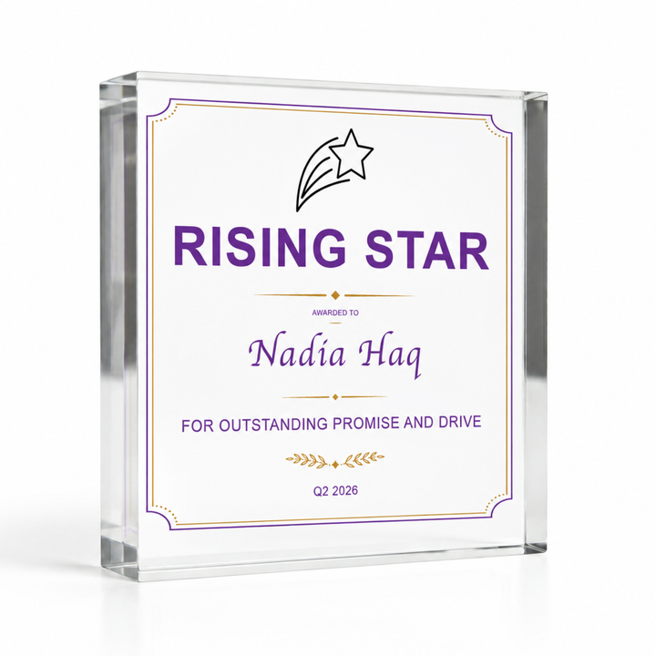 Small square 10 x 10cm Rising Star award plaque in purple and gold, personalised acrylic certificate