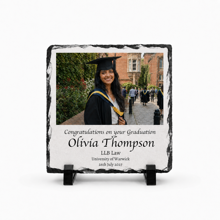 themed graduation photo gifts with a photo of a graduate and personalised text on a white background