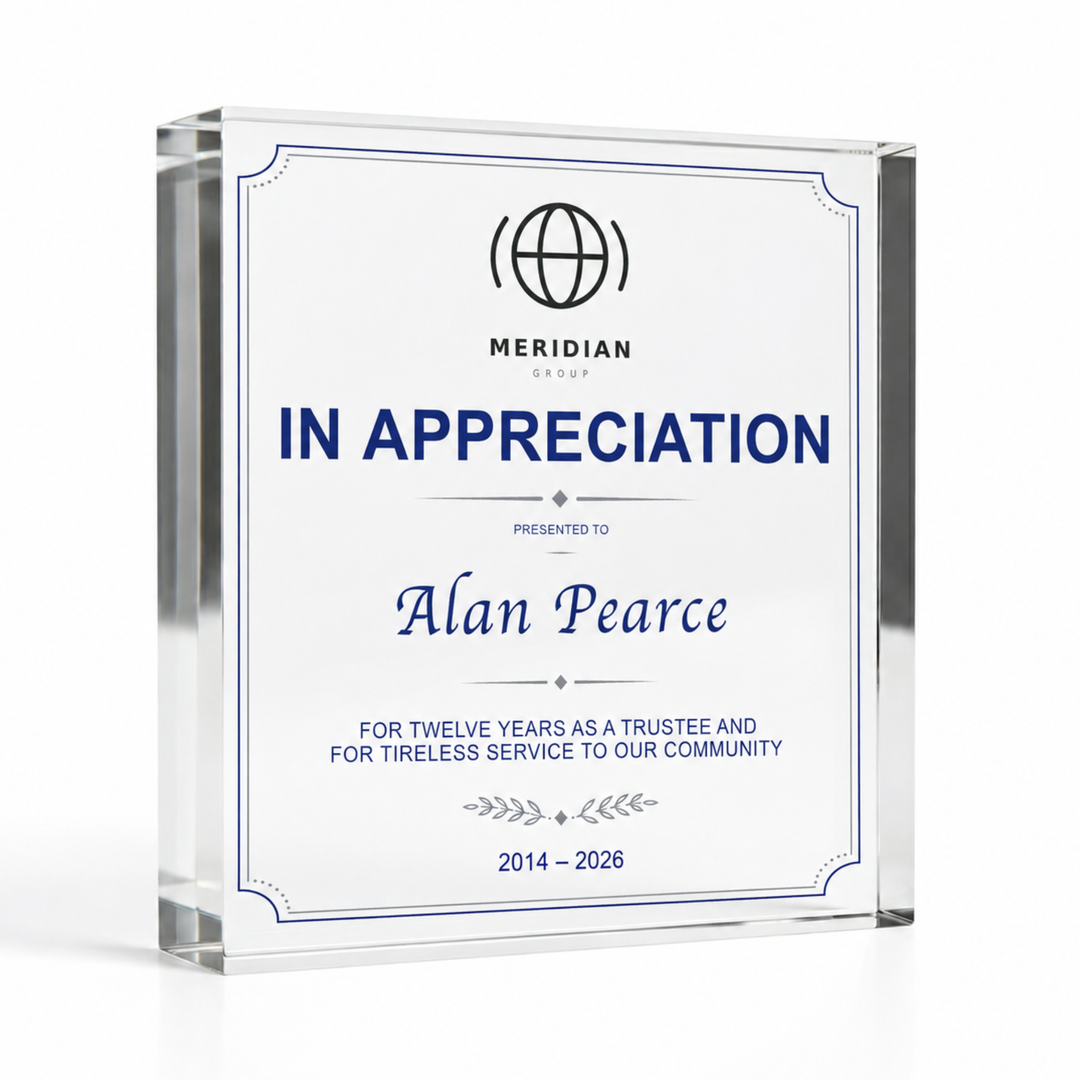 Large square 15 x 15cm certificate of appreciation plaque with a full citation, personalised acrylic award