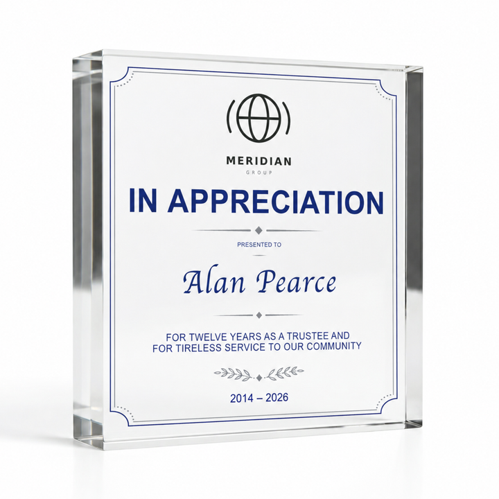 Large square 15 x 15cm certificate of appreciation plaque with a full citation, personalised acrylic award