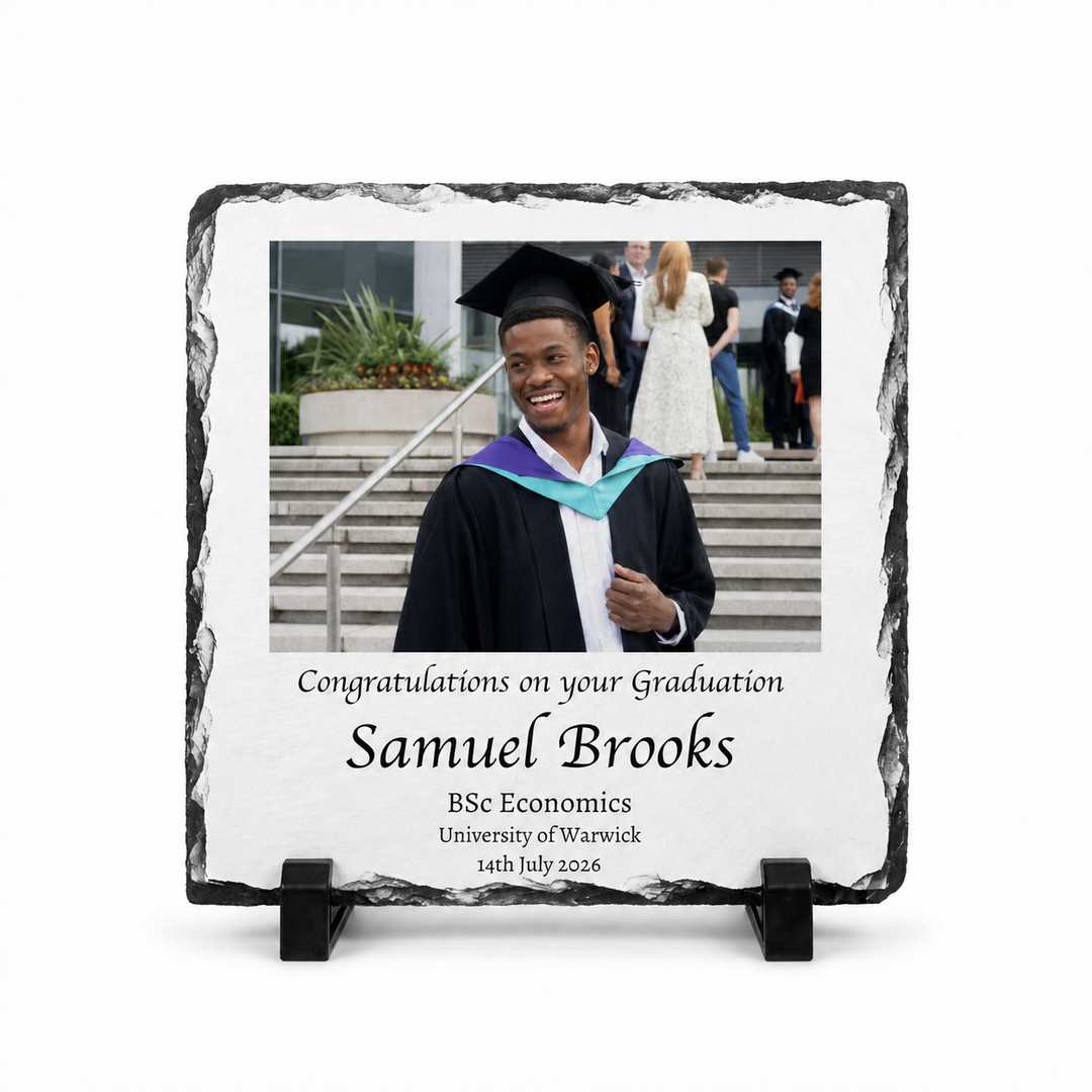 Personalised Graduation Photo Gifts Slate – Custom Rock Slate Plaque with Photo, Name, Degree & University