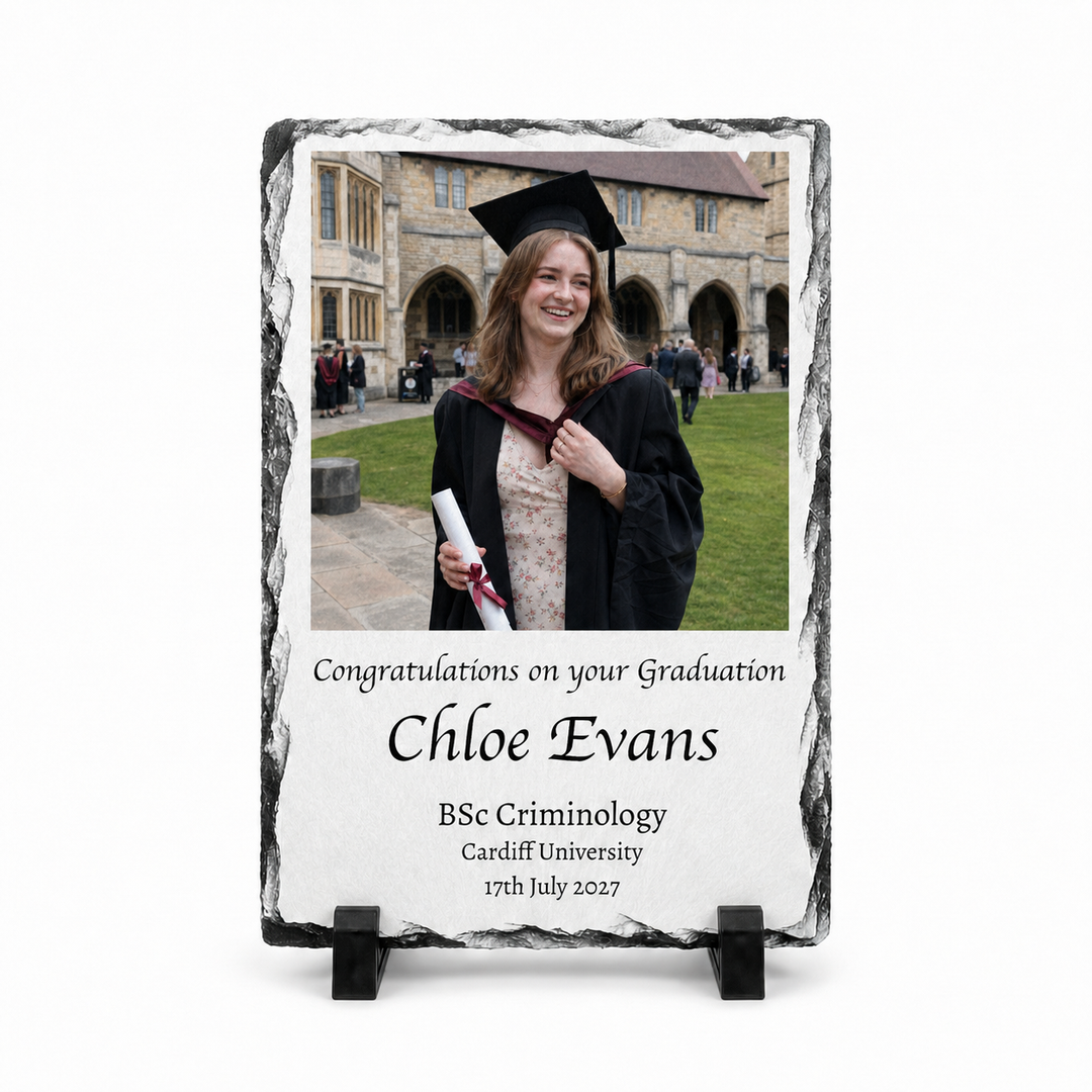Personalised Graduation Photo Gifts Slate – Custom Rock Slate Plaque with Photo, Name, Degree & University