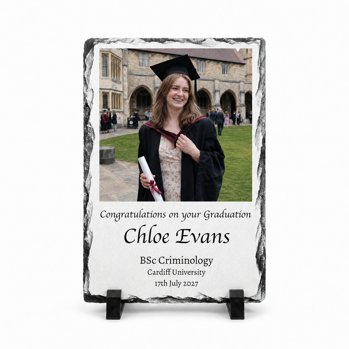 Personalised Graduation Photo Gifts Slate – Custom Rock Slate Plaque with Photo, Name, Degree & University