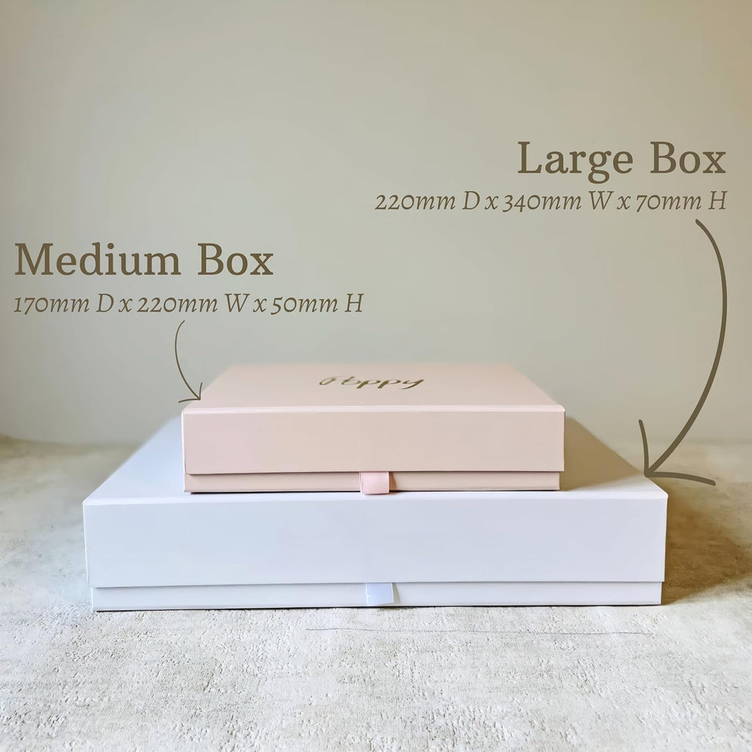 Two boxes, a large and a medium, with dimensions displayed on a neutral background. wedding gift box