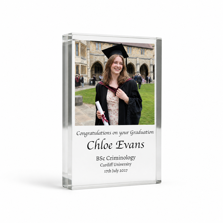 Acrylic graduation photo frame with a personalised message on a white background