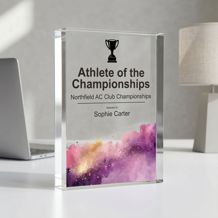 Personalised Athletics Trophy Award - UV Printed Onto a Premium Solid Acrylic Block - Available  6 Sizes