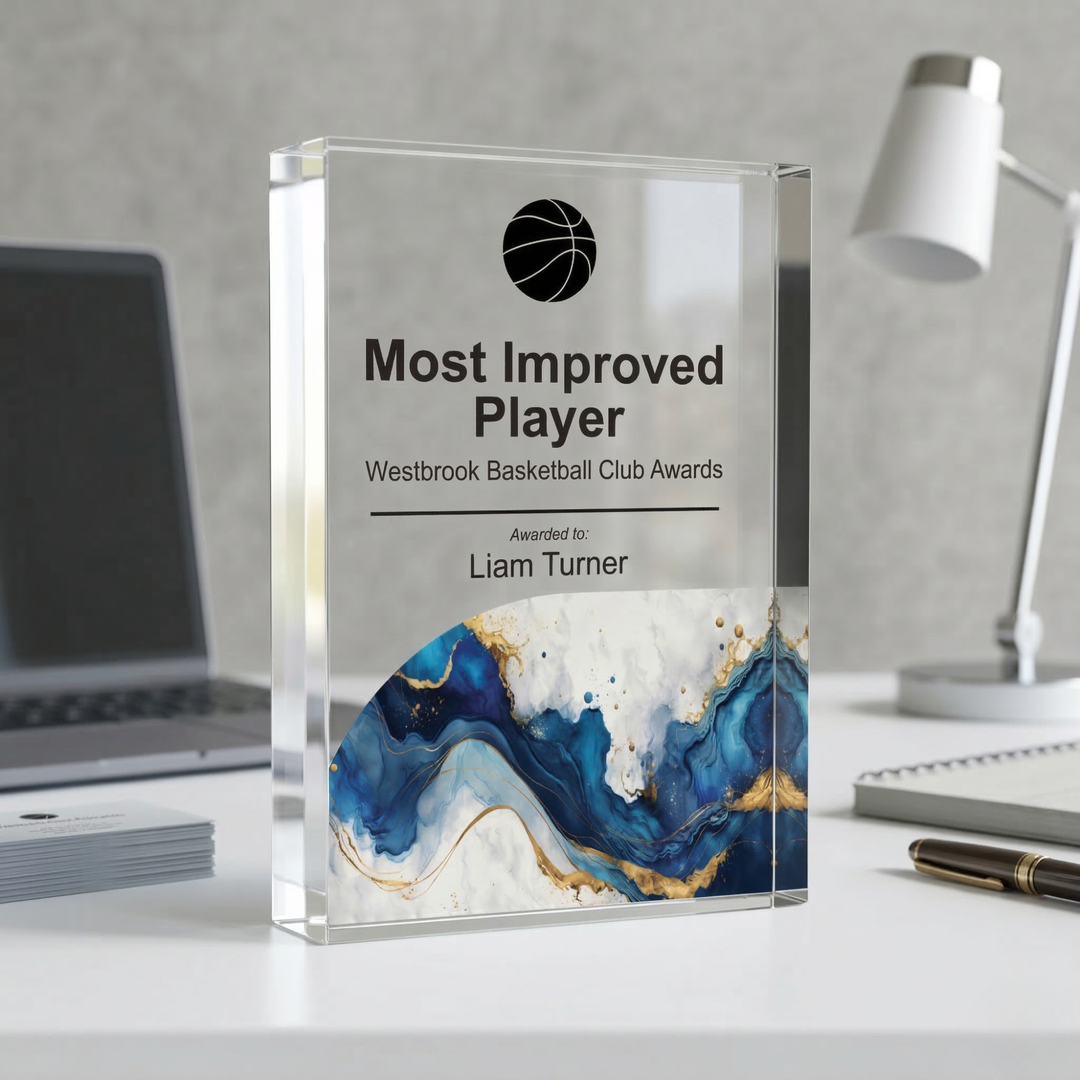 Personalised Basketball Trophy Award - UV Printed Onto a Premium Solid Acrylic Block - Available  6 Sizes
