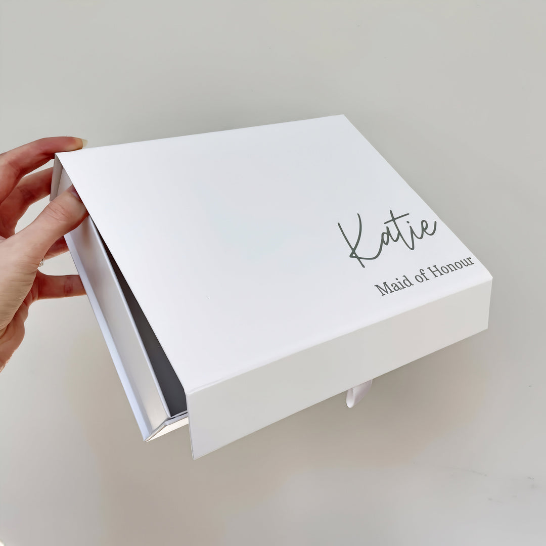 Luxury Personalised Bridesmaid Proposal Box in white with magnetic closure and customisable text colours displayed