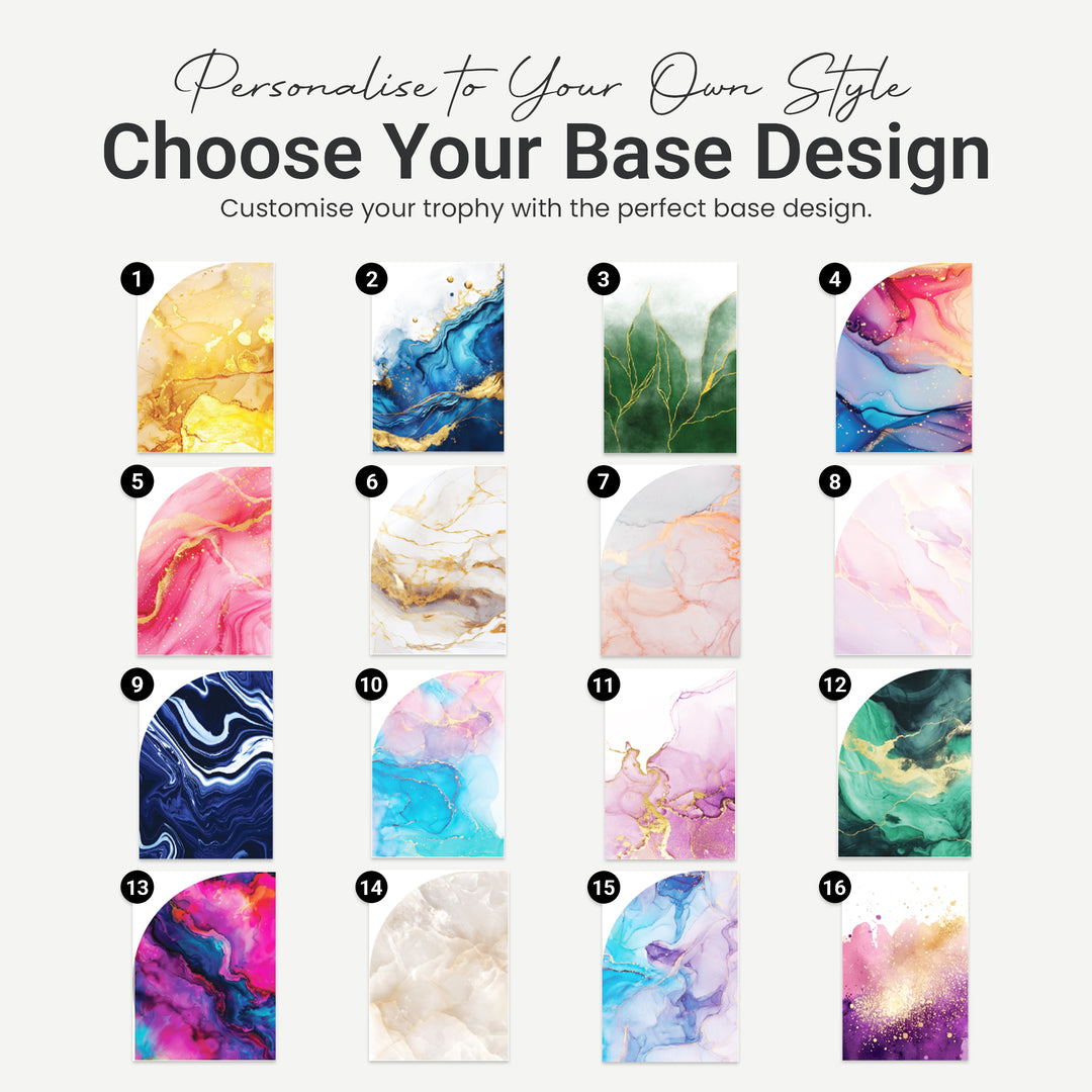 Collection of base designs for personalizing a trophy with various artistic patterns.