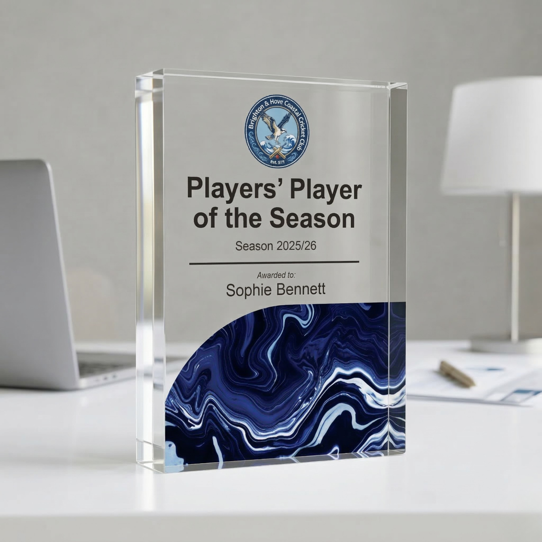 Personalised Cricket Trophy Award - UV Printed Onto a Premium Solid Acrylic Block - Available  6 Sizes