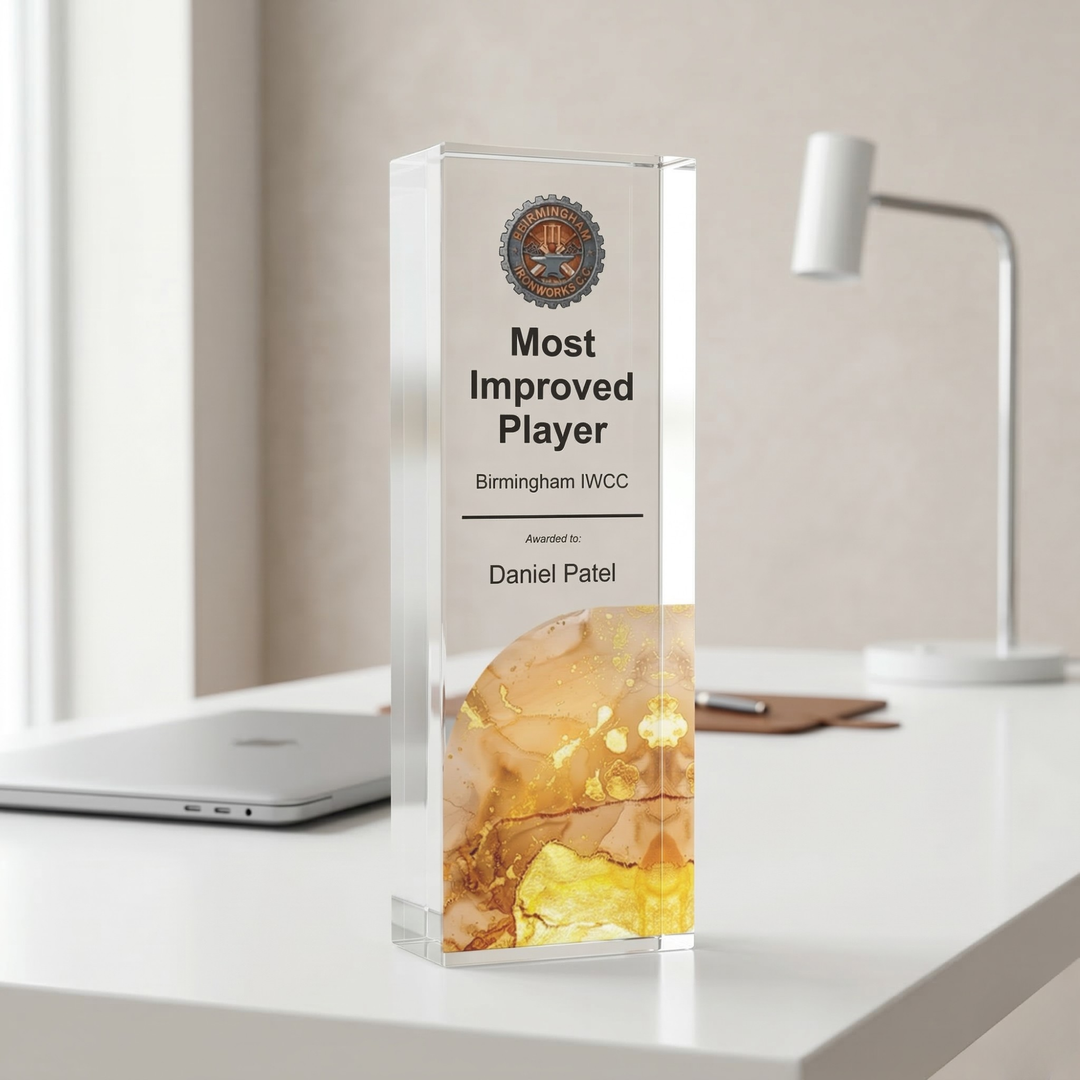 Personalised Cricket Trophy Award - UV Printed Onto a Premium Solid Acrylic Block - Available  6 Sizes