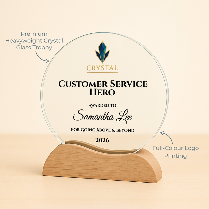 Crystal award for 'Customer Service Hero' with wooden base