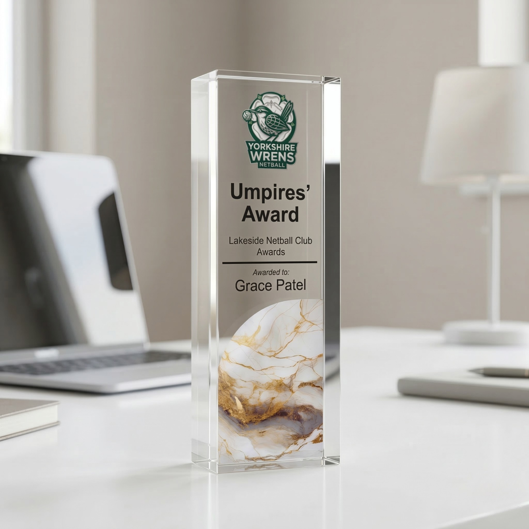 Personalised Netball Trophy Award - UV Printed Onto a Premium Solid Acrylic Block - Available  6 Sizes