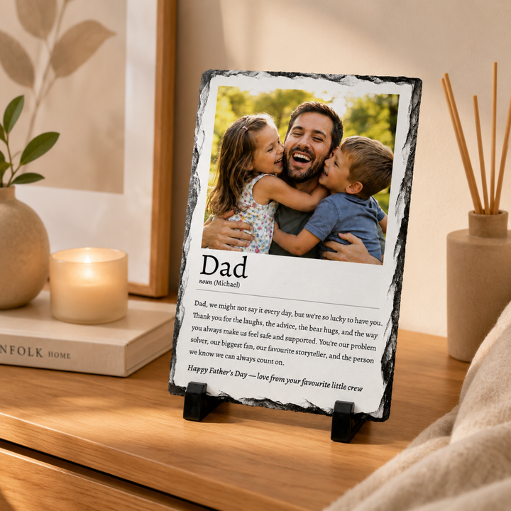 Personalised Father's Day Definition Photo Gift for Dad Grandad Grandpa - Custom Dictionary Style Natural Rock Slate Photo Plaque with Text