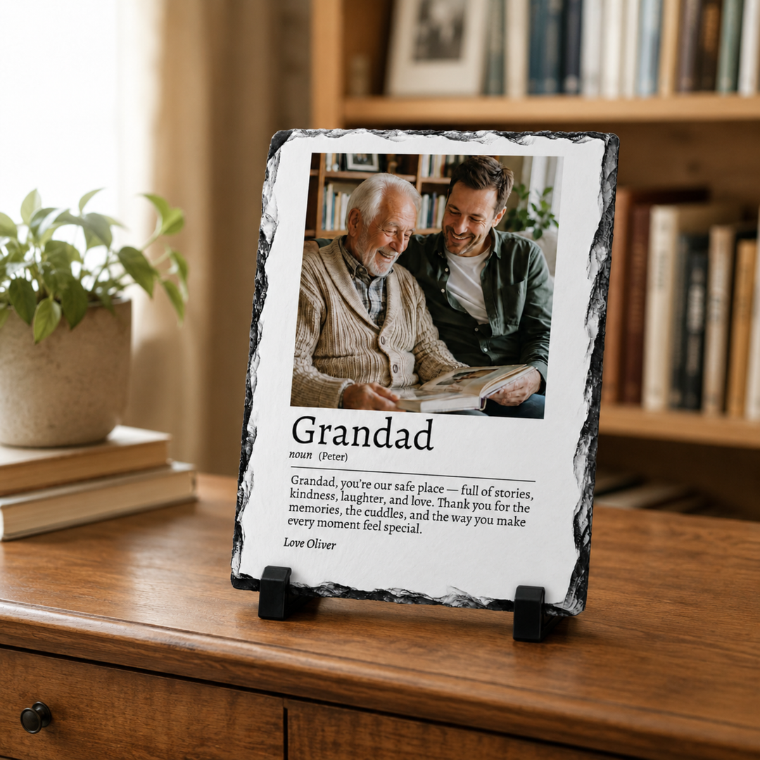 Personalised Father's Day Definition Photo Gift for Dad Grandad Grandpa - Custom Dictionary Style Natural Rock Slate Photo Plaque with Text