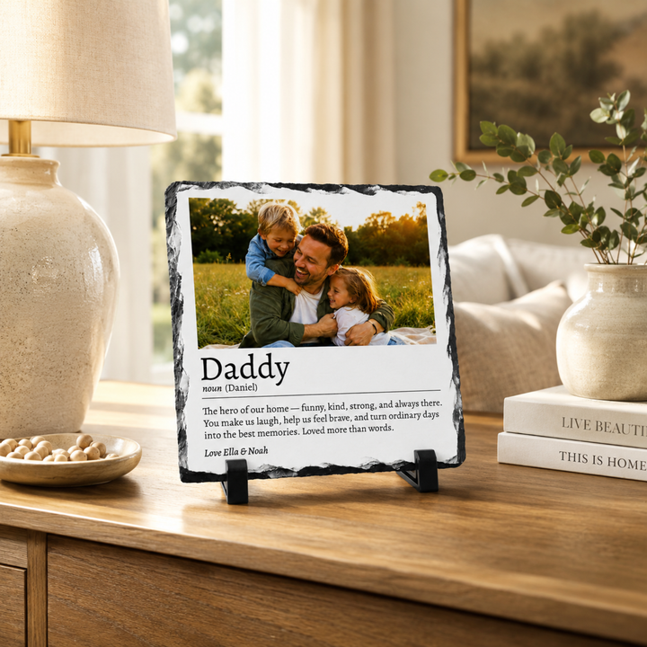 Personalised Father's Day Definition Photo Gift for Dad Grandad Grandpa - Custom Dictionary Style Natural Rock Slate Photo Plaque with Text
