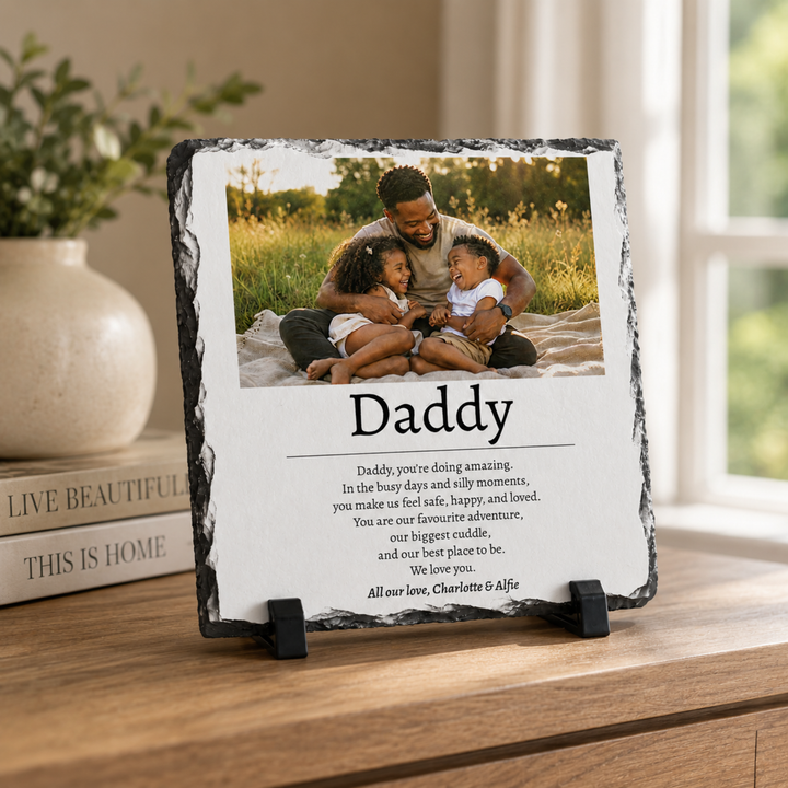 Personalised Father's Day Poem Photo Gift for Dad Grandad Grandpa - Custom Natural Rock Slate Photo Plaque with Heartfelt Message