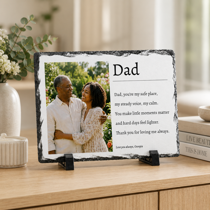 Personalised Father's Day Poem Photo Gift for Dad Grandad Grandpa - Custom Natural Rock Slate Photo Plaque with Heartfelt Message