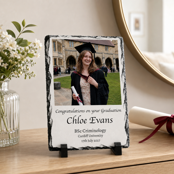 Personalised Graduation Photo Gifts Slate – Custom Rock Slate Plaque with Photo, Name, Degree & University