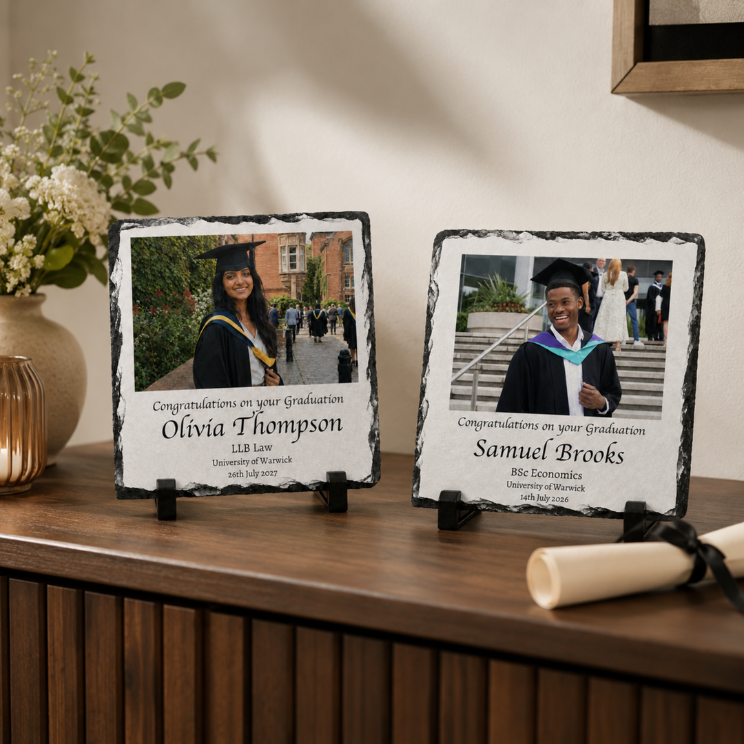 Personalised Graduation Photo Gifts Slate – Custom Rock Slate Plaque with Photo, Name, Degree & University