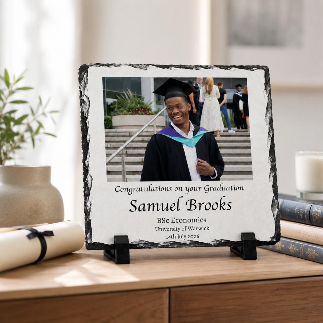 Personalised Graduation Photo Gifts Slate – Custom Rock Slate Plaque with Photo, Name, Degree & University