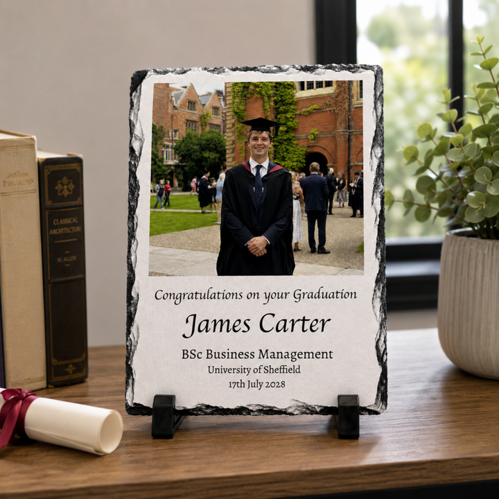 Personalised Graduation Photo Gifts Slate – Custom Rock Slate Plaque with Photo, Name, Degree & University