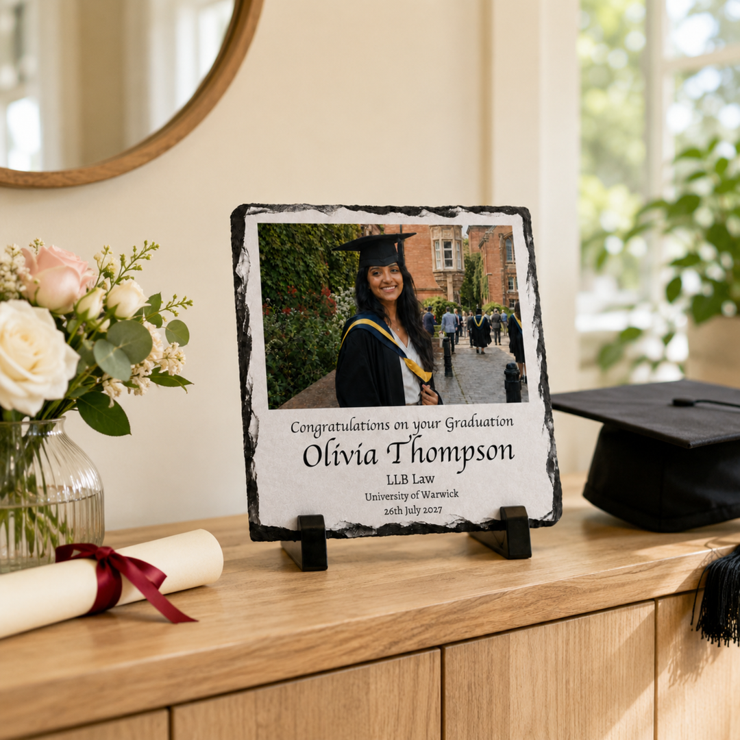 Personalised Graduation Photo Gifts Slate – Custom Rock Slate Plaque with Photo, Name, Degree & University