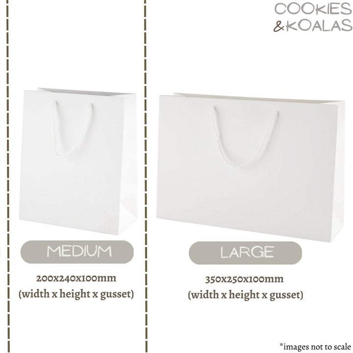 Cookies & Koalas medium and large white personalised gift bags with rope handles