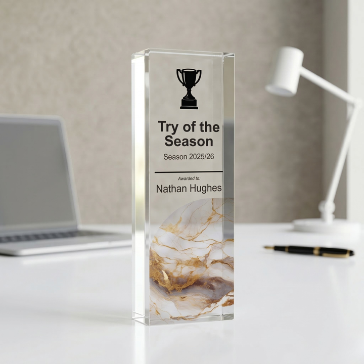 Personalised Rugby Trophy Award - UV Printed Onto a Premium Solid Acrylic Block - Available  6 Sizes