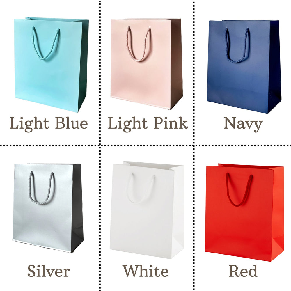 Grid of six colorful paper bags in different colors with labels below each bag.