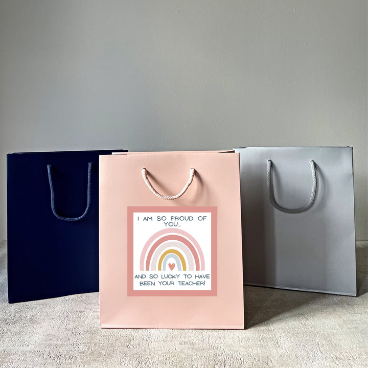 three different color teacher gift bags pink, silver, blue color