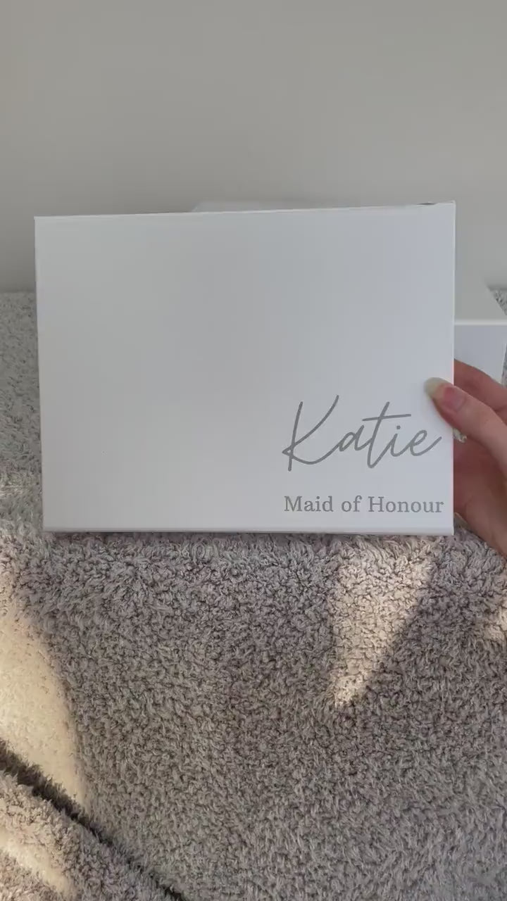 Luxury Personalised Bridesmaid Proposal Box in white with magnetic closure and customisable text colors displayed